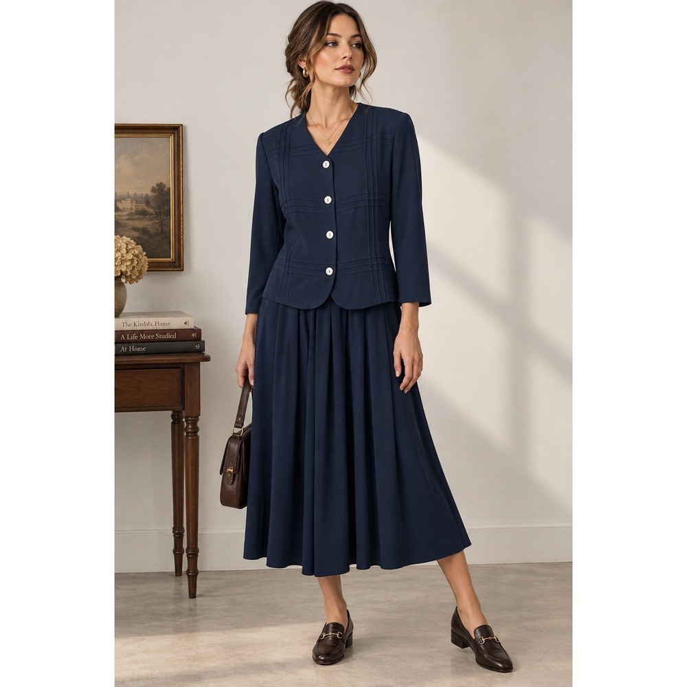 Dark Academia 90s Navy Blazer Midi Dress Career Preppy Women's 12P